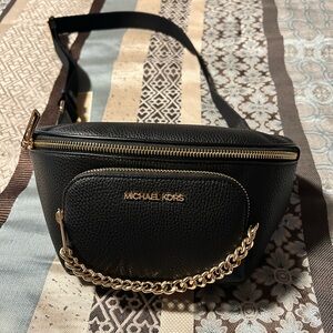 Michael Kors Medium Sling Black and Gold Messenger Bag with Chain Detail